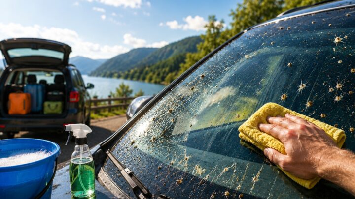 Wie reinigt man die Windschutzscheibe nach einer langen Urlaubsfahrt am besten?