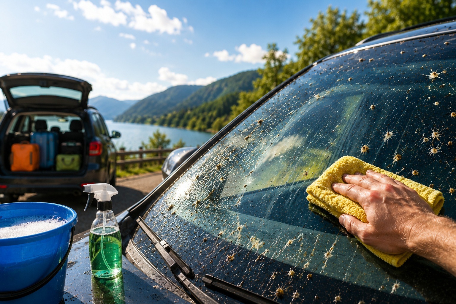 Wie reinigt man die Windschutzscheibe nach einer langen Urlaubsfahrt am besten?